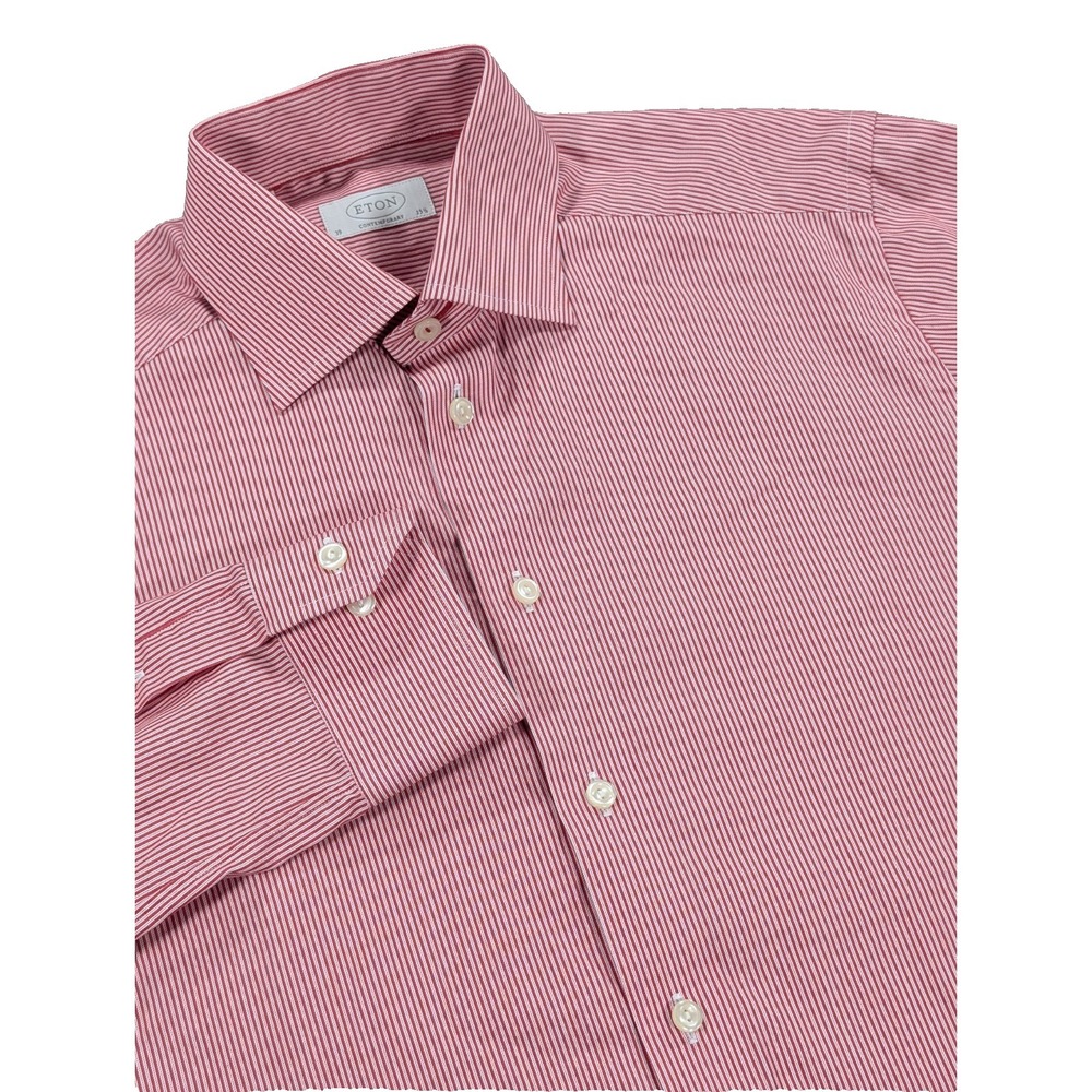 Eton Dress Shirt Mens Medium Red White Stripe Contemporary 39 15.5 Cotton Modern